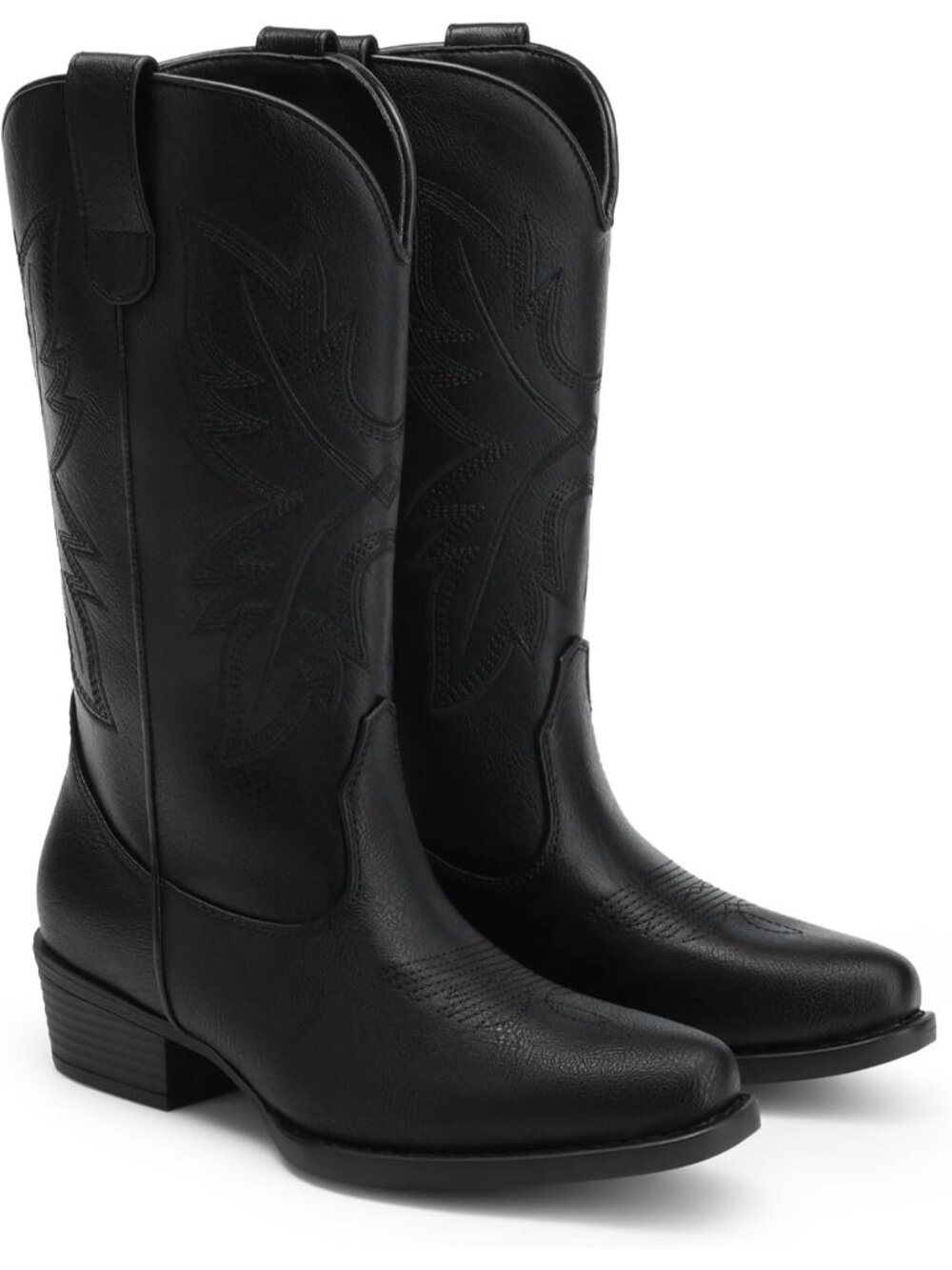 Women Cowgirl Western Mid Calf Black Snip Toe Embroidered Low Chunky Heel Boots - Picture 7 of 7